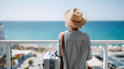 A faceless traveler viewed from behind as she places luggage down and approaches the balcony, bright seaside scene blurred to bokeh, with copy space