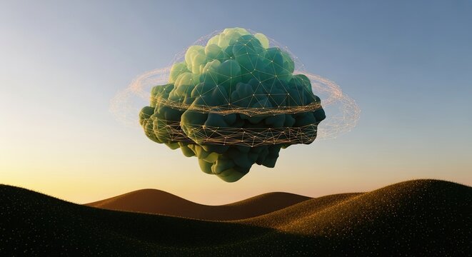 Dreamy futuristic landscape with floating cloud and glowing network, perfect for technology, innovation, and forward-thinking concepts - Powered by Adobe