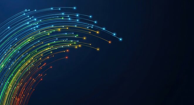 Dynamic network connections with vibrant light trails on a dark background showcasing data flow and modern technology innovation for future designs