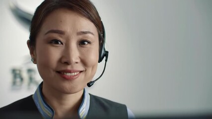 Smiling Asian woman wearing headset in office. Business customer service representative. - Powered by Adobe