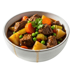 Bowl of beef stew with vegetables isolated on transparent background