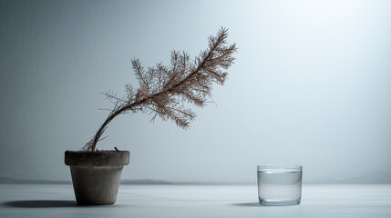 A small, dry, leafless Christmas tree in a pot, leaning to one side, trying to reach a glass of water placed near it; water conservation concept