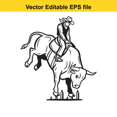 Fototapeta premium Black and white line art vector illustration of a cowboy riding a bucking bull in a rodeo competition, isolated on