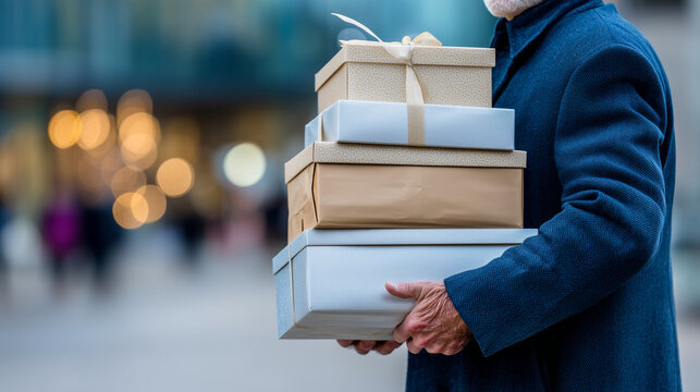 Over-the-shoulder shot of an elderly man in a modern blue coat holding stacked present boxes, background defocused urban lights, faceless composition, with copy space