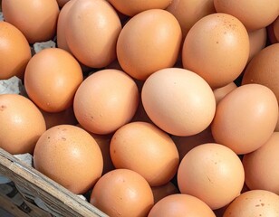 Pile of Raw Chicken Eggs with Brown Shells and Speckled Texture in Carton Packaging Under Bright Lighting
