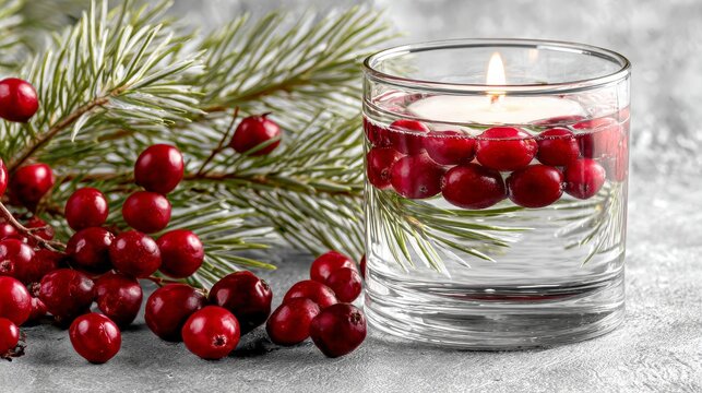 Cranberries and pine branches encircle a candle that is burning in a glass bowl