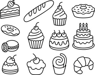 Dessert silhouette icons, cakes, cupcakes, pastries, sweet treats, bakery vector, black illustration, food symbols, white background, confectionery art