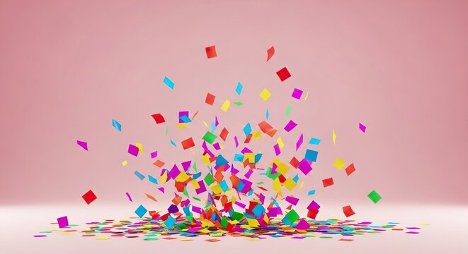 Celebrate milestones with vibrant confetti explosion against soft pink backdrop, perfect for birthdays, parties, and festive events needing a pop of joy