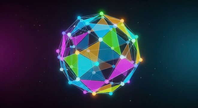 Vibrant geometric sphere with glowing nodes, perfect for technology concepts, modern design projects, and innovative business visuals