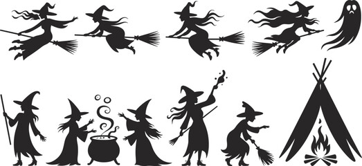 Halloween witch silhouettes, flying broomstick, spooky ghost, cauldron magic, teepee campfire, dark fantasy, enchanted night, mystical ritual, vector art