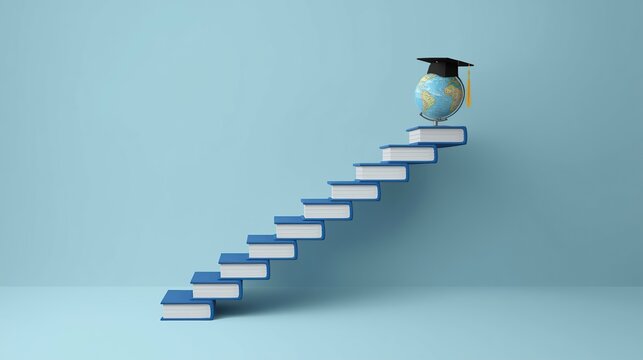 Ascend to knowledge: graduation globe on staircase of books isolated on transparent background.