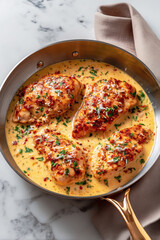 Overhead view of a fictional Cajun Chicken with grated parmesan on top in a metal skillet with gold handle on a marble background with a napkin. Concept for skillet chicken meals and menus.