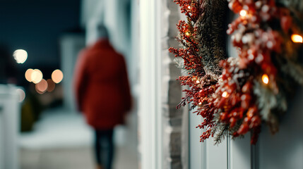 A cozy nighttime home entrance featuring a bright wreath and subtle festive lights, a winter visitor in red-toned attire entering with quiet warmth, with copy space