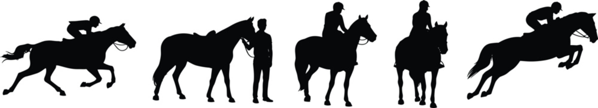 Horse riding silhouettes, equestrian jump, rider posture, reins handling, galloping horse, black vector, show jumping, training, care, motion