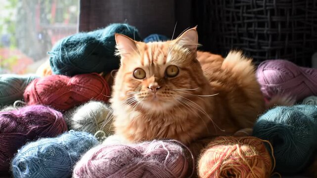 Ginger cat lying down among colorful yarn balls near a window, enjoying a cozy lifestyle at home.