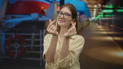 Fototapeta premium Young blonde woman makes finger heart gesture beside building facade under green lights at sunset; love.
