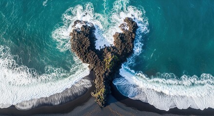 Dramatic aerial view of black sand beach with turquoise ocean waves crashing against volcanic rock formations, a powerful and captivating scene
