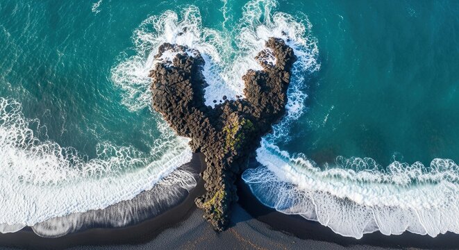 Dramatic aerial view of black sand beach with turquoise ocean waves crashing against volcanic rock formations, a powerful and captivating scene