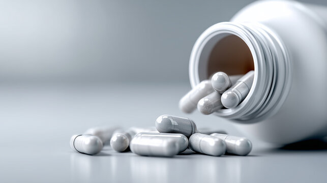 capsules spilling from a plain white bottle onto a smooth surface, Photorealism, natural soft lighting, 50mm lens, neutral palette, calm informative mood, dynamic yet simple compos