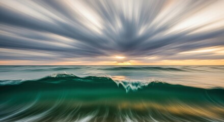 Stunning ocean wave at sunrise with dramatic cloudscape creates a serene and peaceful feeling perfect for travel and wellness projects
