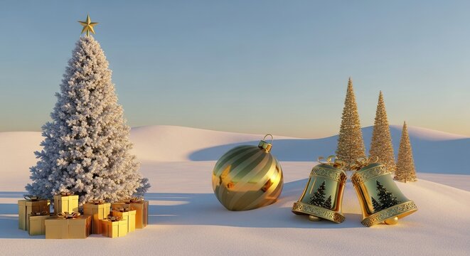 Golden Christmas holiday scene shimmering with festive cheer and gifts under snow-covered tree in a winter wonderland, perfect for seasonal promotions