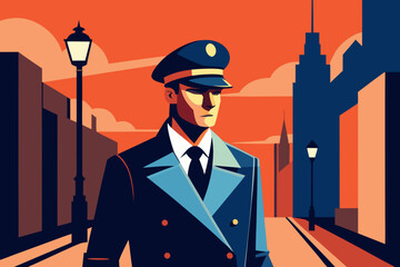 Police Officer Patrolling a City Street vector illustration