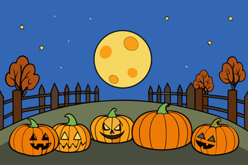 Pumpkin Patch Illuminated by Full Moon vector illustration