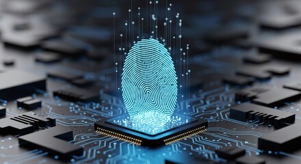 Glowing blue fingerprint on a microchip, representing biometric security, digital identity verification, and advanced data protection
