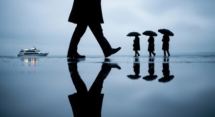 Gloomy day stroll with umbrellas and a distant boat reflected on wet pavement evokes solitude and introspection, perfect for reflective content