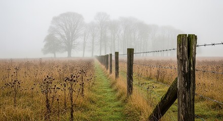 Obraz premium Eerie foggy morning in the countryside with barbed wire fence receding into the mist and golden field, a serene rural escape, perfect for atmospheric designs
