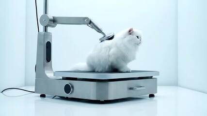 Fluffy Persian cat with white fur is happily receiving a grooming session from a modern robotic arm equipped with an automated brush. The gentle strokes of the brush are soothing the cat's fur
