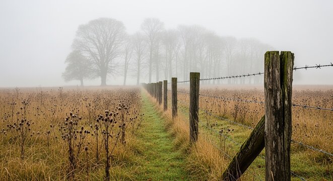 Eerie foggy morning in the countryside with barbed wire fence receding into the mist and golden field, a serene rural escape, perfect for atmospheric designs