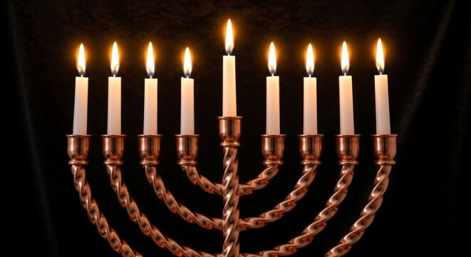 Hanukkah Menorah Illuminated with Nine Glowing Candles Against a Deeply Dark Backdrop