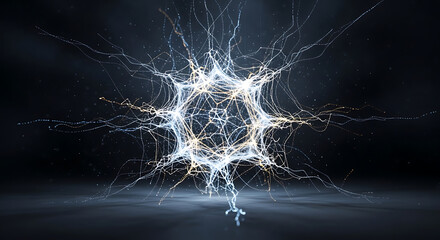 3D render of a pulsating, high-energy particle network resembling an abstract neuron or AI data node. Concept for neural networks, consciousness, and data complexity.