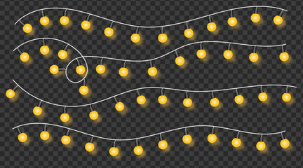 Glowing yellow string lights hanging on curved white cables with soft ambient glow on transparent background