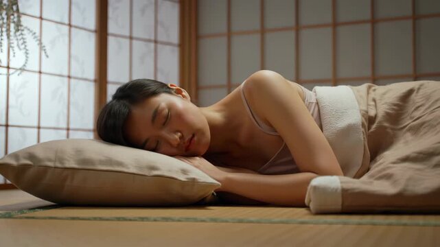 Peaceful sleep: Asian woman sleeping on floor in tatami room, relaxing at home.