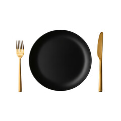 Black plate with golden fork and knife isolated on transparent background