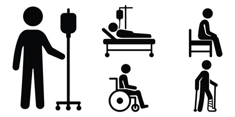 Stickman patient silhouette collection, Hospital care icon set, Injury support mobility symbols