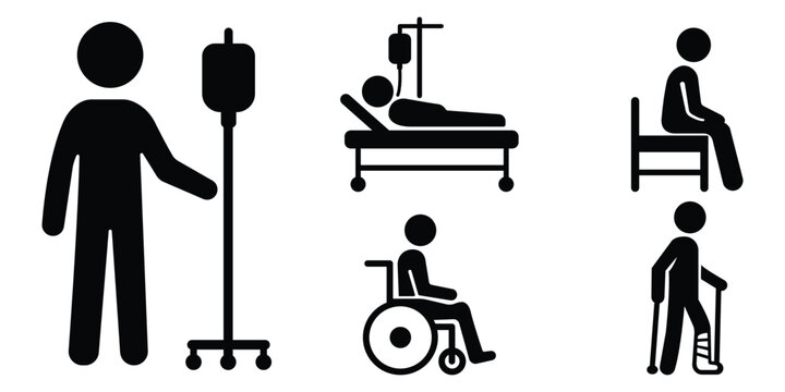Stickman patient silhouette collection, Hospital care icon set, Injury support mobility symbols