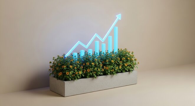 Vibrant plants nurture a glowing blue bar graph symbolizing sustainable business growth and financial success for a bright future.