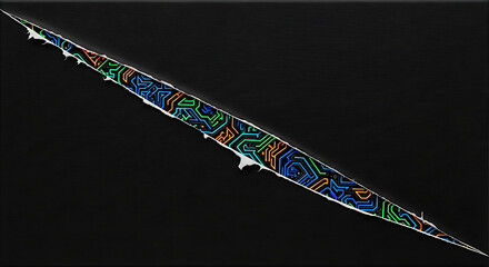 Graphic image of a rip/scratch on a dark background showing a vibrant, multi-colored circuit board pattern underneath. Concept for cybersecurity breach and digital damage.