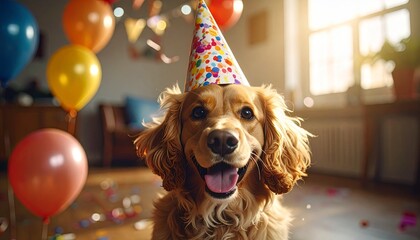 Golden dog wearing party hat surrounded by colorful balloons and confetti in festive indoor setting.