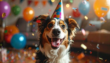 Golden dog wearing party hat surrounded by colorful balloons and confetti in festive indoor setting.
