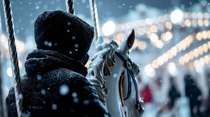 Silhouetted faceless festive character sitting on a decorated carousel horse, snowy fairground lights defocused for cinematic winter mood, with copy space