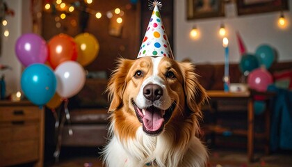 Golden dog wearing party hat surrounded by colorful balloons and confetti in festive indoor setting.