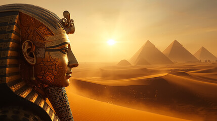 Sunset over the desert and the Egyptian pyramids with a close-up view of the golden statue of the pharaoh