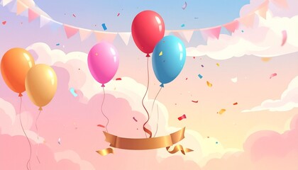 Colorful balloons and triangular pennant flags with confetti on beige gradient background in festive scene.