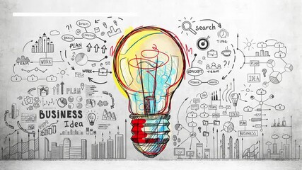 Colorful light bulb glowing with business strategy doodles charts graphs and icons on textured wall representing innovation startup success and creative thinking - Powered by Adobe