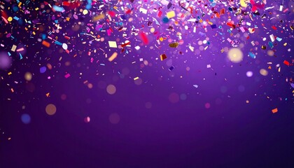 Colorful confetti scattered across top of purple background in festive, celebratory display.