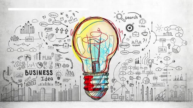 Colorful light bulb glowing with business strategy doodles charts graphs and icons on textured wall representing innovation startup success and creative thinking
